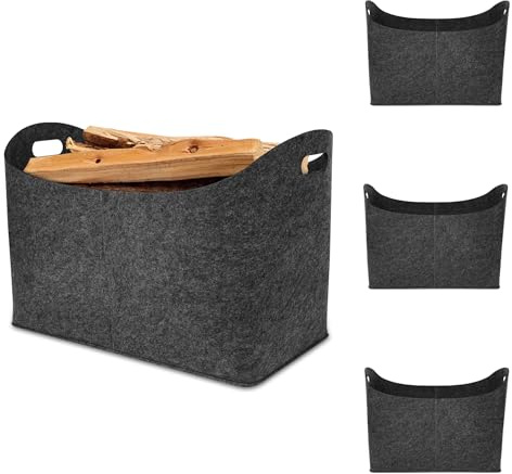 Froadp Lot de 4 sacs en feutre pour bois de cheminée, sacs à provisions en feutre multifonctionnels, panier à bûches de cheminée pliable avec poignées renforcées, capacité de charge jusqu'à 60 kg,