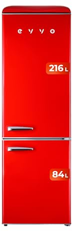 EVVO Frigorífico Combi, Acabado Retro, Refrigerador 216 litros, Congelador 84 litros, diseño vintage, cajón Crisper Zone, Turbo fan, libre de gas CFC, silencioso (Color Rojo)