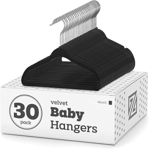 Wanym Sammetshängare för barn, ultratunna barnklädhängare med 360° vridbar krok, halkfria filthängare för barnskjorta, klänning, byxor – 30-pack, svart, 28 cm
