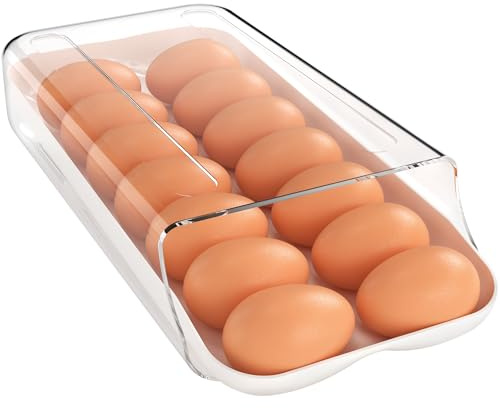 theaoo Egg Holder for Refrigerator, Automatic Rolling Egg Container for Refrigerator, Clear Plastic Egg Dispenser, Stackable Egg Organizer with Inner Tray