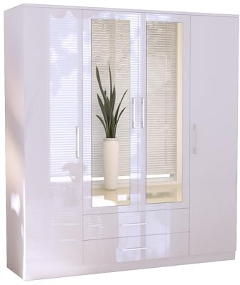 URBAN FURNISHING 4 Door High Gloss Wardrobe with Drawers & Shelves – Modern Mirror Wardrobe for Bedroom (White, 160cm)