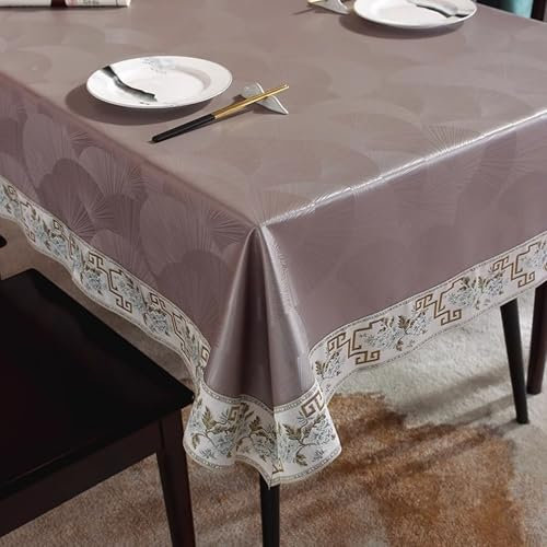 Mesnt Dining Table Tablecloth, Brown Gray Elegant Pattern with Embroided Flower Edges Table Cloth for Dining, Kitchen, Parties | 140x140cm