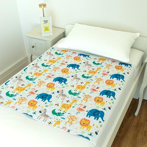 Bedwetz® Sängkuddar för potträning, 2-pack, 100 % vattentätt madrasskydd, storlek 86 cm x 91 cm (plus tuck) för enkel- och småbarnssängkläder, halkfri, brittiskt varumärke, Zoo design.