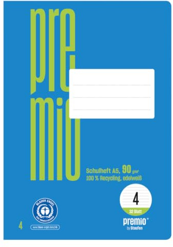 Staufen premio skolhäfte – 5 häften vardera, 32 ark, DIN A5, linjerat 4 (10 mm linjerat), 90 g/m² återvunnet papper