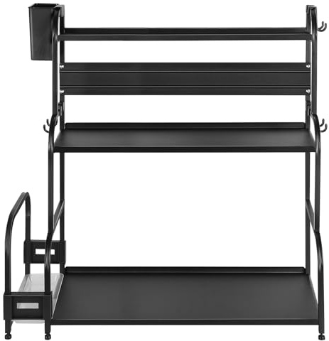 HUOLE Organizador de Fregadero de Cocina, Metal Almacenamiento bajo Fregadero Cajón con 6 Ganchos, Ajustable en Altura Deslizante Organizador Armario de Cocina, estantería para especias, 58 x 22 x 60