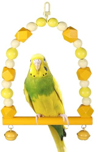 Balançoire en Bois Colorée pour Oiseaux,Jouets Suspendus avec Perchoir et Clochettes pour Perruches Calopsittes,Inséparables,Perruches et Conures,pour Équilibrer,Faire de l'exercice et S'entraîner