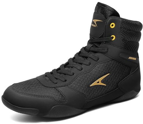 ASHION Men's Wrestling Shoes Boxing Shoes Lightweight High Top Fitness Sneakers Weightlifting Powerlifting Shoes Zero Drop Sole Black Gold Size 9.5