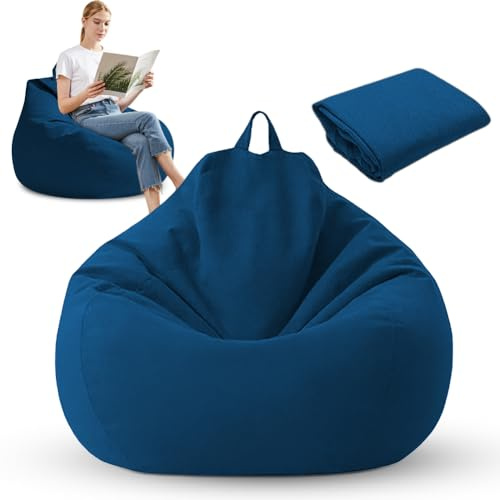 Zinueen Puf funda sin relleno (XL 100 x 120 cm) – Puf para exteriores para adultos y habitaciones infantiles, lino y algodón, puf para juegos, salón y jardín (azul)