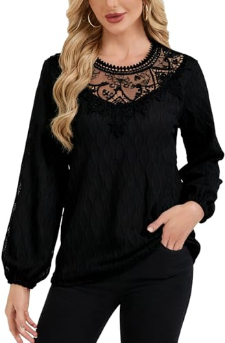 Atxnn Blouse Femme Chemisier Élégant Chic Top Manches Longues Haut Col Rond T-Shirt Automne Printemps Dentelle Couleur Unie