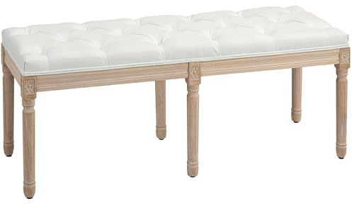 HOMCOM 117cm Bedroom End of Bed Bench, French Vintage Bench with Wood Legs, Thick Padding and Button Tufting for Entryway, Living Room, Bedroom, Cream White