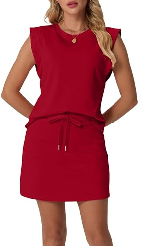 GRECERELLE Two Piece Outfits Women Summer Skort Set Tracksuit Womens Full Set Cap Sleeve Round Neck Top & Tennis Skirt with Pockets for Athletic & Casual