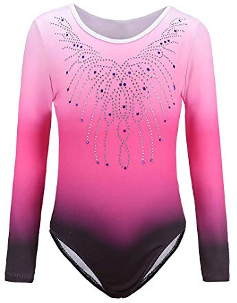 Sinoem Gymnastikanzug für Mädchen, Einteiler mit Farbverlauf und Glitzer. Für Tanz, Ballet, Turnen (7–8 Jahre), rosa - langärmelig