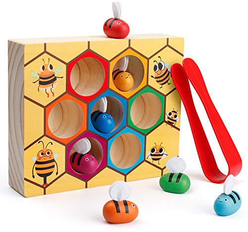Coogam Toddler Fine Motor Skill Toy, Clamp Bee to Hive Matching Game, Montessori Wooden Color Sorting Puzzle, Early Learning Preschool Educational Gift Toy for 3 4 5 Years Old Kids