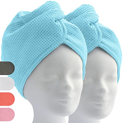 ELEXACARE Haarturban, Turban Handtuch mit Knopf (2 Stück, blau) Mikrofaser Handtuch für Kopf und Lange Haare