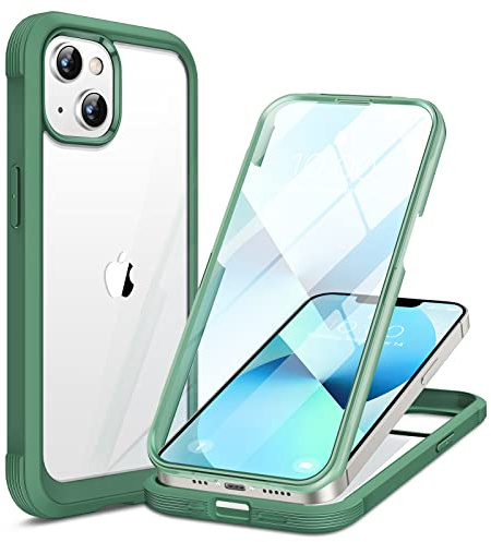 Miracase Compatible with iPhone 13 Case 6.1inch, [Built-in Glass Screen Protector] Full Body Rubber Bumper Clear Back Case Cover (Acacia Green)