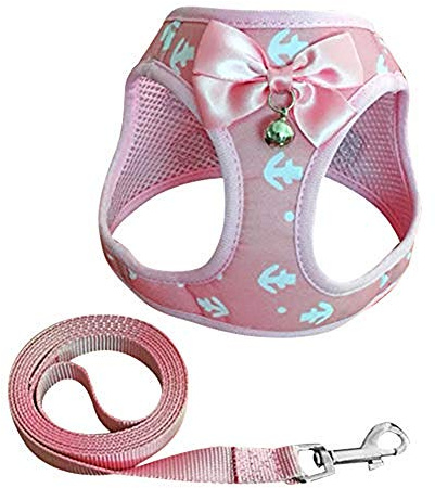 AUSUKY Harnais de sac à dos réglable et doux pour animal domestique avec laisse et gilet confortable et classique mignon nœud papillon clochette pour chiens(petit, rose)