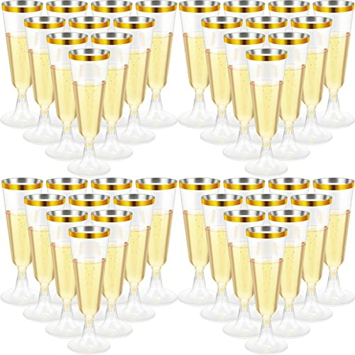 150 Pcs Gold Plastic Champagne Flutes - Clear Disposable Crystal Wine Glasses for Wedding Toasting, Party Cocktail Cups