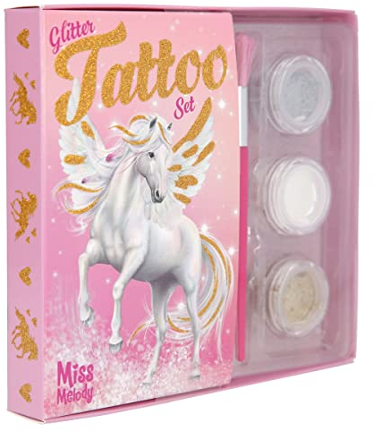 Depesche 12032 Miss Melody - Glitzer Tattoo Set für Kinder mit 38 Klebetattoos, 1 Pinsel und 3 Glitzer-Puder in Silber, Weiß und Gold