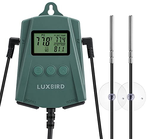LUXBIRD LB-2SC Digital Heating Mat Thermostat Controller with 2 Probes and 2 Outlets for Seedlings, Germination, Reptiles, Brewing, Breeding, Incubation, Greenhouse (Max 250W per Outlet)