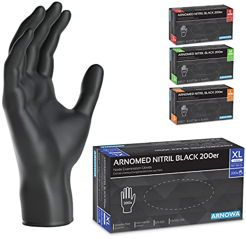 ARNOMED Einweghandschuhe Schwarz 200 Stück/Box, Einmalhandschuhe XL, Nitrilhandschuhe, Handschuhe Einweg puderfrei, latexfreie Gummihandschuhe, Einweghandschuhe in S, M, L & XL verfügbar