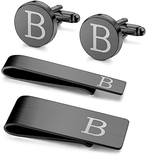 Kakonia 4 Pezzi Gemelli iniziali e fermacravatte per Uomo Acciaio Inox Personalizzato inciso Gemelli e fermacravatte Set Alfabeto Lettera A-W con Scatola Regalo per Padre Marito