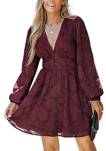 CUPSHE - Abito da donna in pizzo con scollo a V, a maniche lunghe, motivo floreale, linea A, mini abito elegante per feste, tempo libero, S