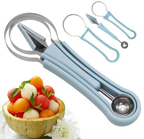 KASESSS Scavino per Melone 4 in1,Scavino da Cucina in Acciaio Inox,Frutta Coltello da Intaglio,2 Paletta per Frutta per Rimuovere i Semi e Sbucciarli,Cucchiaio per Gelato per Decorare Frutta in Cucina