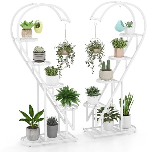RELAX4LIFE Porte-Plante en Forme de Cœur, Étagère à Fleurs à 5 Niveaux en Métal Robuste, Grand Présentoir Plante, Crochet de Suspension, Décoratoin Intérieure pour Salon Balcon, Blanc