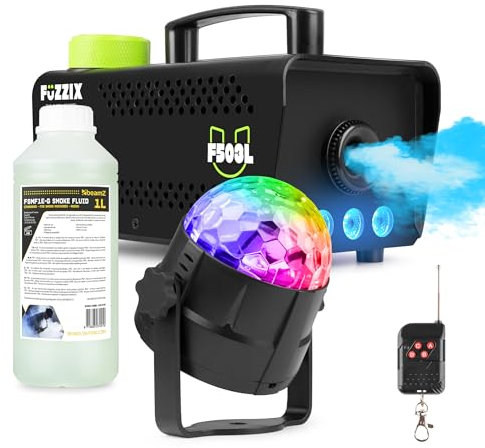 Fuzzix F503L - Pack Machine à Fumée LEDs 500 Watts avec Boule Disco RGB et 1L de Liquide à Fumée Standard - Un Pack tout-en-un Idéal pour les Soirées à la Maison, Fêtes d'Anniversaires