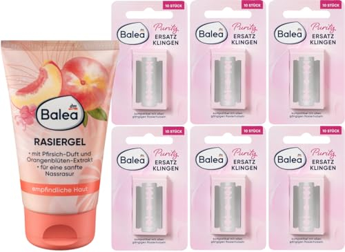 Balea Gel per rasatura delicata a umido con profumo di pesca (150 ml) + lame Balea Purity doppiamente cromate in acciaio inox, compatibile con tutte le comuni fiale da barba (6 x 10 pezzi)