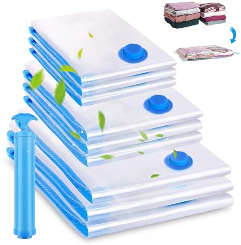 BUOAZR Sac Sous Vide Vetement Aspirateur 9 Pièces 3XL 100X80cm 3L 80x60cm 3S 60x40cm avec Pompe Manuell, Sacs de Rangement Sous Vide Réutilisable Stockez pour Vêtements, Literie, Bagages