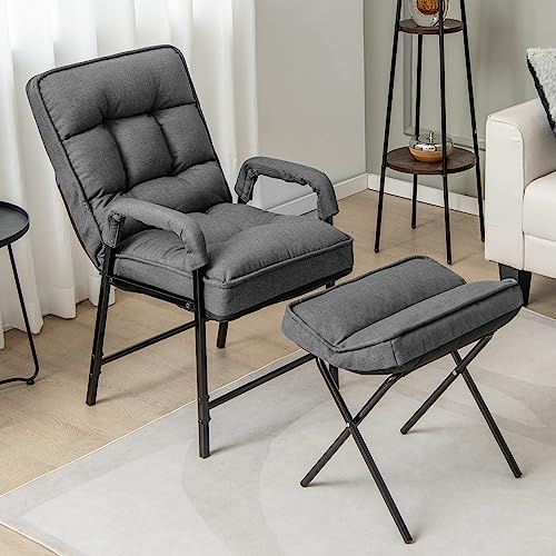 Multigot Accent Recliner Chair with Folding Footstool, 5-Level Adjustable Upholstered Lazy Armchair, Tufted Single Leisure Sofa Chair Metal Frame Modern Resting Chair for Bedroom Office (Grey)