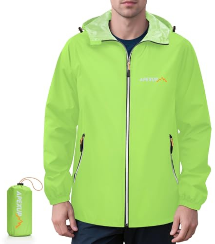 APEXUP Packable Rain Jacket Men with Reflective Zipper, Lightweight Waterproof Jacket Windbreaker Hooded Raincoat, Mens Rain Jackets for Outdoor, Running, Hiking, Travel, Cycling (Fluo Green, M)