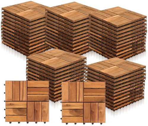 Eulenke Lot de 55 dalles de balcon et de terrasse - 5 m² - 30 x 30 cm - Résistant aux intempéries - 12 lattes en bois d'acacia - Pour terrasses, balcons, jardins