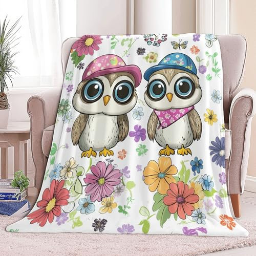 Kuscheldecken Sofaüberwurf Weiche Flauschige Decke Cartoon-Eule Bunte Blumen Muster für Sofadecke, Tagesdecke - Gemütliche Flanelldecke, Warme Decken für Herbst Winter 130 x 150 cm