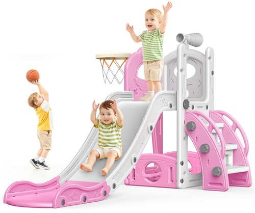 Kinder Rutsche: große Rosa Kleinkind Rutsche mit Basketballkorb, Rutsche für Kleinkinder Alter 1-3 Kleinkind Kletterer Rutsches Spielset, Indoor Outdoor Spielzeug für Kleinkinder 1-3 Jahre