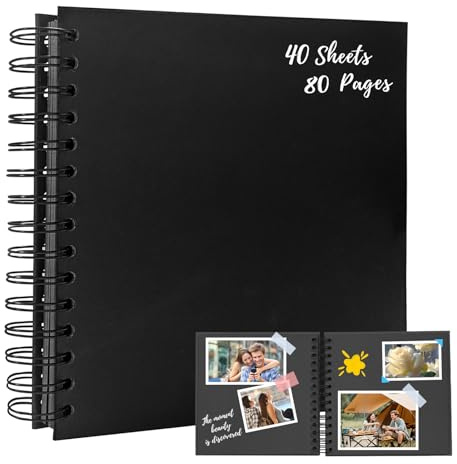 Bellanova 8 Zoll Fotoalbum zum Selbstgestalten, 20.5×20.5cm Scrapbook Spiralalbum, 40 Blätter 80 Seiten, Kraftpapier Umschlag, DIY Bilderalbum, Erinnerungsalbum, Autogrammbuch, Gästebuch (Schwarz)