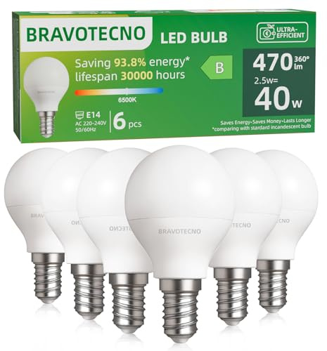 bravotecno Ampoule E14 LED, Classe Énergétique B, Ampoule E14 Blanc Froid 6500K, 2,5W 470LM G45, Équivalent à 40W, Angle de Faisceau 360°, Non-Dimmable, Chaleur Faible & Durable, Lot de 6