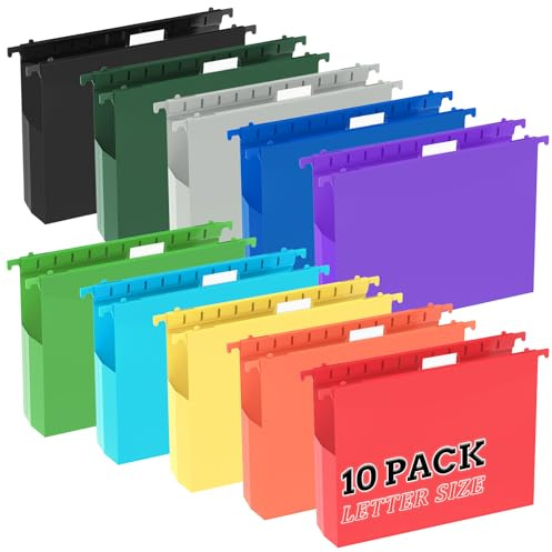 10pcs Hanging File Folders Letter Size, Plastic Hanging Folders, 2 Expandable File Folders Hanging with Tabs, File Organizer for Home Office School Document Organization, Assorted Colors