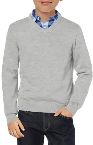 Haloumoning Jersey para niños con cuello en V, uniforme de manga larga, jersey de punto monocolor, básico, informal, ligero, gris, 13-14 años