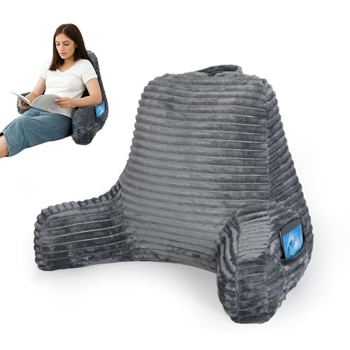Lavio Plush Reading Bed Rest Pillow with Wrist Support for Sofa, Back & Arm Support Memory Foam Bed Rest Gaming Cushion with Arm Rest, Side Storage Pockets, Grey