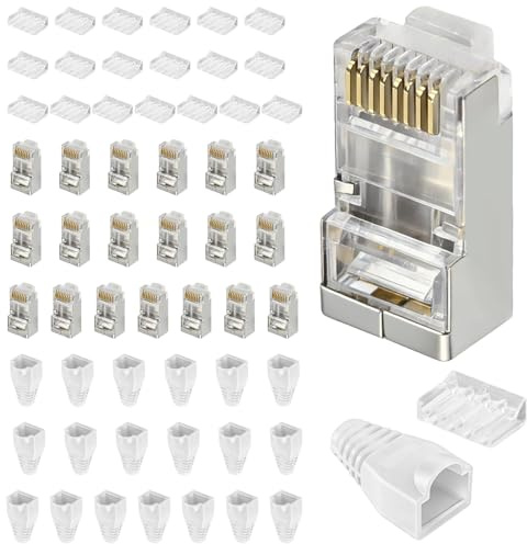 Dewlawn 20 Unidades Conector Estándar RJ45 8P8C 10 Gbps para Cat 7 Cat6A, RJ45 Conectores Ethernet Blindado Clavija para Cable de Instalación con Barra Guía y Protectores de Conexión