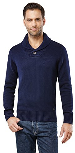 Vincenzo Boretti Maglione-Pullover Elegante da Uomo, Collo-Sciallato a Costine con buttone, Manica-Lunga, Maglia Grossa, Aderente/Slim, Caldo - Inverno, Autunno, Mezza Stagione Blu Scuro M