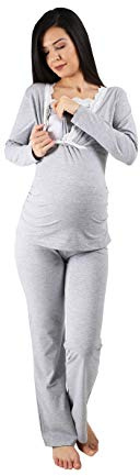 M.M.C. Ensemble de Pyjama d'Allaitement avec Dentelle pour Femme - Pyjama de Grossesse et Allaitement avec Fonction d'Allaitement, Manches Longues, gris, XL