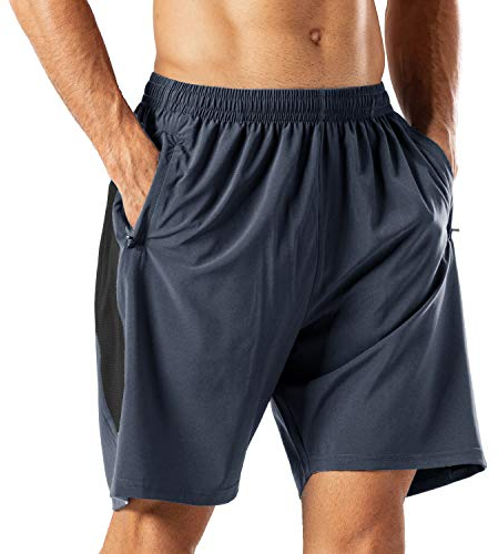 HMIYA Herren Sport Shorts Schnell Trocknend Kurze Hose mit Reißverschlusstasch (Grau,L)