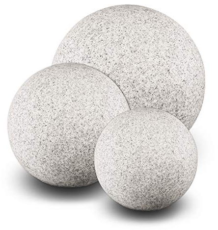 trendlights24 Stone IP65 Kugelleuchte für Garten - 3er Set 20+30+50 cm Kugel Außenleuchte Naturstein Optik E27 230V - mit LED 9W - Erdspieße - außen