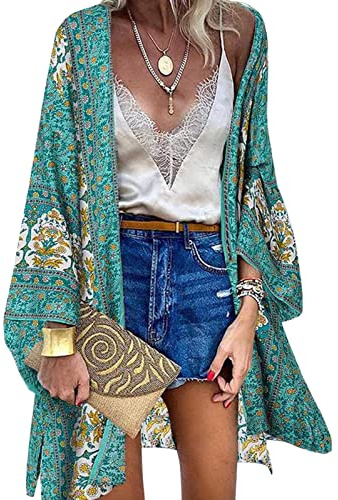 Vancavoo Kimono de Playa para Mujeres Cover Up Floral Cárdigan Bohemia Suelto Verano Blusa Chal Sexy Playa Traje de Baño Camisolas Playa Mujer(Verde,XL)