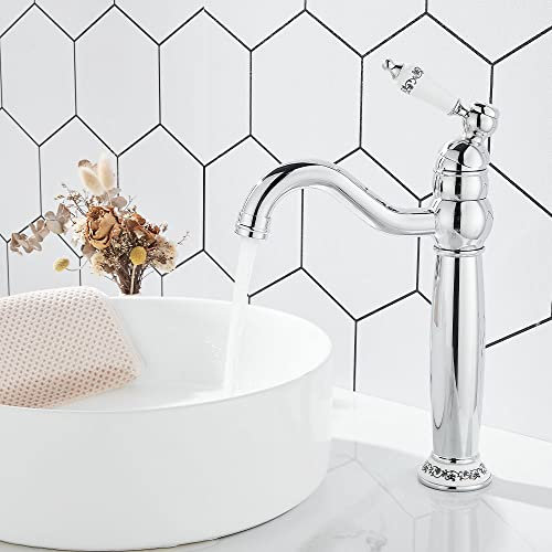 Maynosi Robinet Lavabo à Grande Hauteur, Robinet Rétro Haut avec Poignée en Céramique, Robinet Salle Bain pivoter à 360 °, Robinets Mitigeur avec Tuyaux Flexibles, Laiton, Chromé