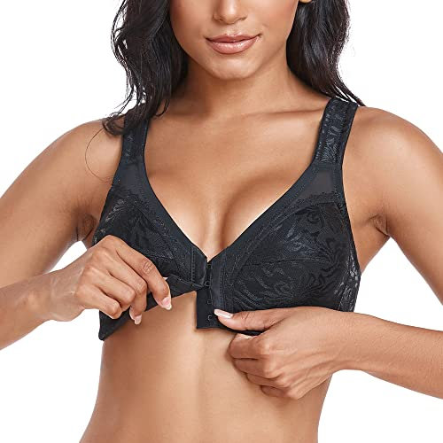 Ayigedu Women's Front Fastening Bras Full Cup Plus Size Non Wired Back Support Posture Bra 48G Black