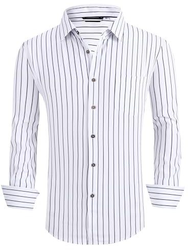Alex Vando Mens Button Down Shirts Wrinkle Free 4-Way Stretch Print Business Casual Shirt,White Stripe,M